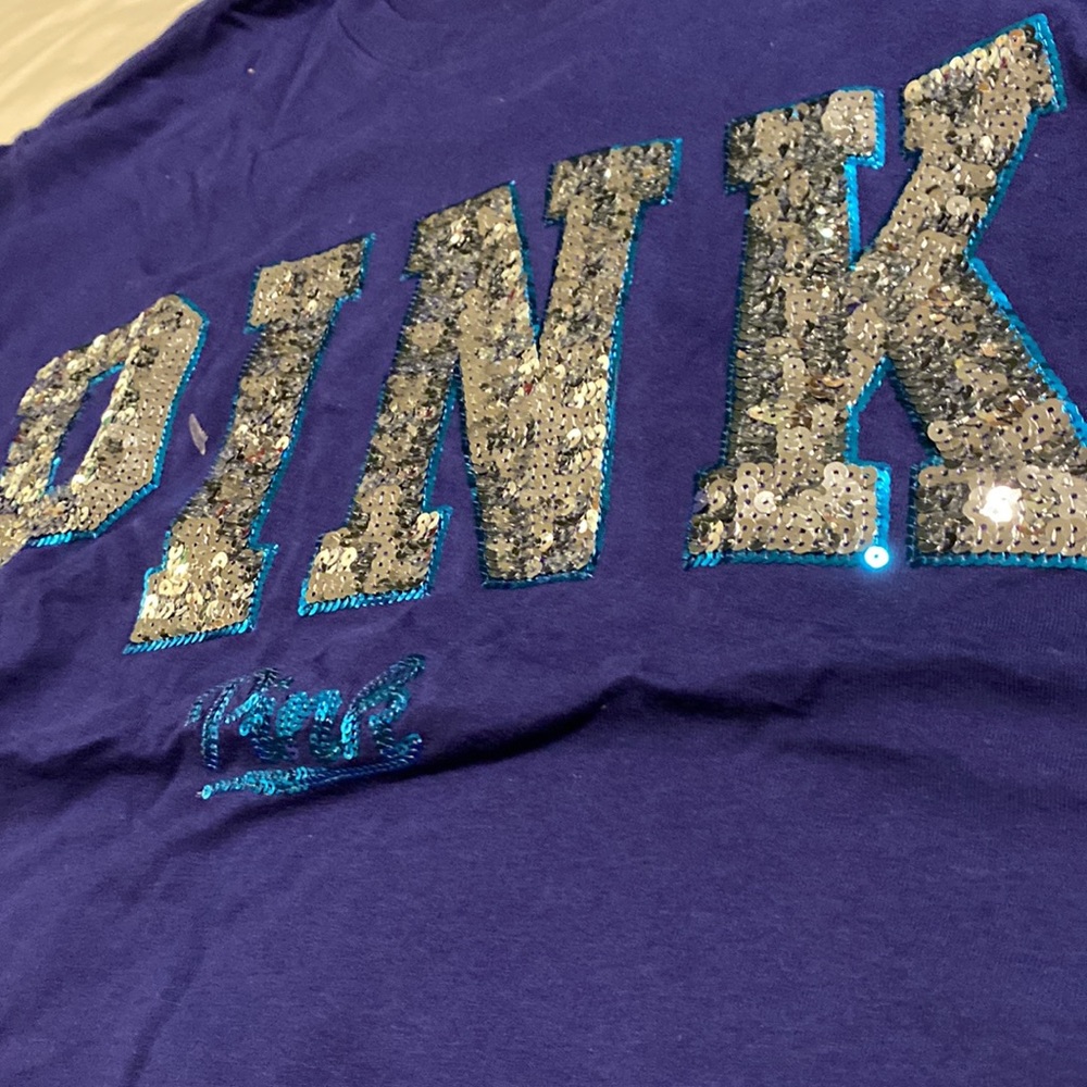 PINK Victoria's Secret Royal Blue Long Sleeve Tee with Silver Sequin Logo - Picture 2 of 4